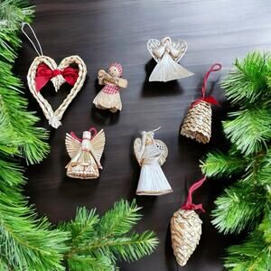 Vintage Natural Handmade Christmas Holiday Ornament Set of Seven Scandinavian